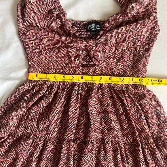 Angie Women's Boho Twist Keyhole 3/4 Sleeve Mini Dress Red Brown Size Large - Picture 7 of 9